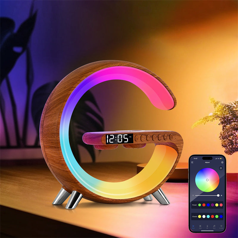 AuraG Smart G‑Lamp – 15W Fast Charge, Bluetooth Sound, App‑Synced Mood Lighting for Modern Homes