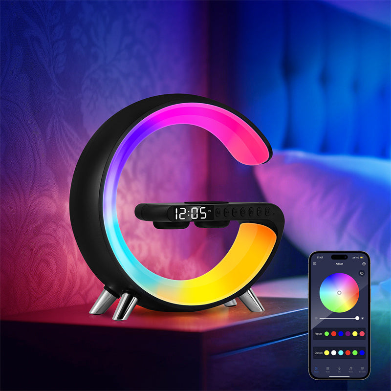 AuraG Smart G‑Lamp – 15W Fast Charge, Bluetooth Sound, App‑Synced Mood Lighting for Modern Homes
