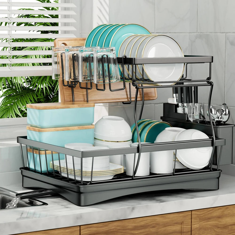 Space‑Saving 2‑Tier Dish Rack – Large‑Capacity Drying, Removable Drainer, Great for Small Kitchens